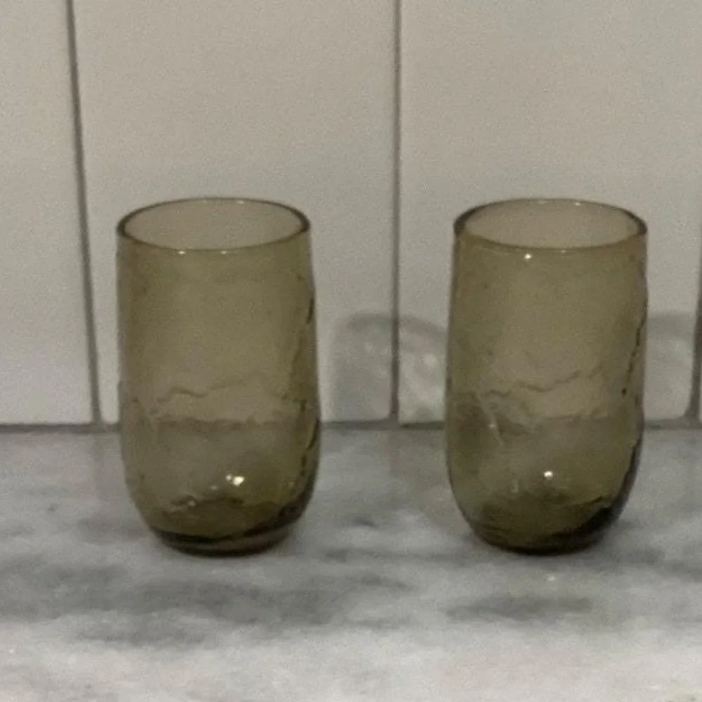 Anchor Hocking Sherwood Spicy Brown Glass Shooters, Set of 2 Vintage Leaf Design